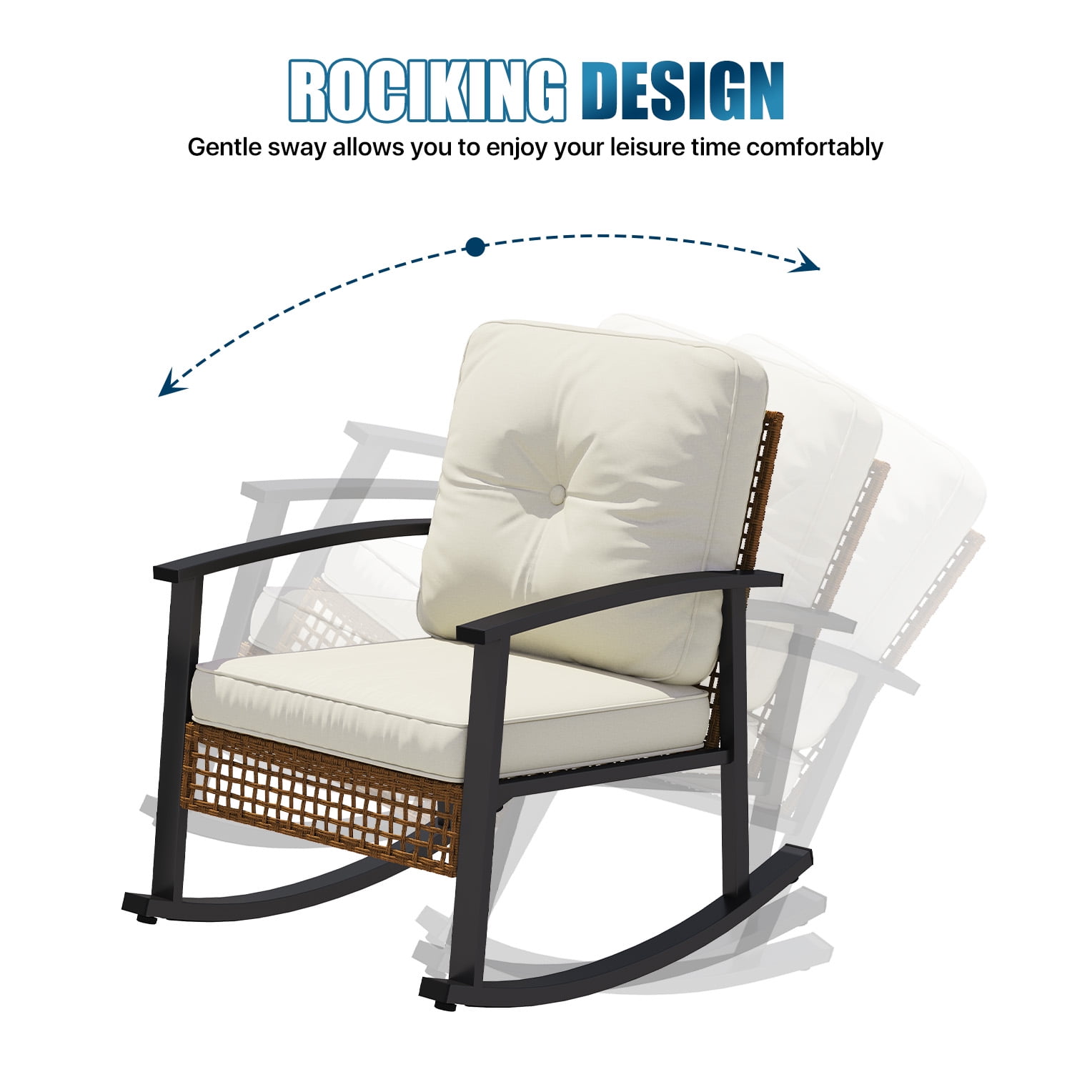 BaPiPro 3-Piece Outdoor Rocking Chair Set, PE Wicker Patio Furniture with Water-Resistant Cushions, Galvanized Steel Frame, 2-Tier Coffee Table, for Porch, Backyard, Poolside, Beige