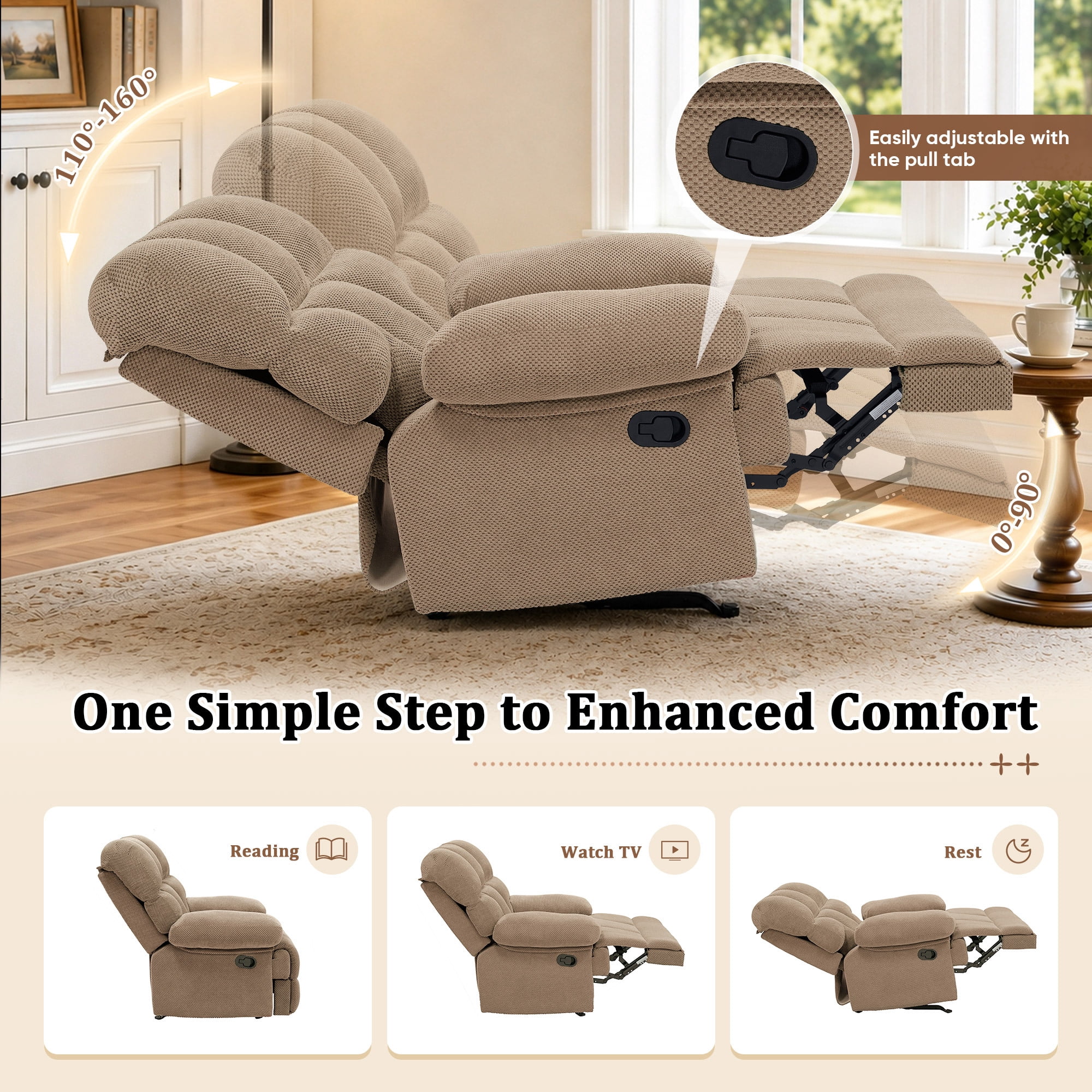 Lunale Manual Rocker Recliner for Home/Office, Adults Fabric Reclining Lounge Chair with Footrest, Camel Polyester