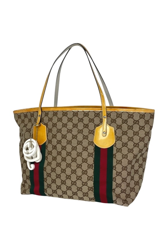 Pre-Owned Gucci GG Print Tote Bag, Sherry Line, Enamel Canvas, Beige/Yellow, 211970, Women's