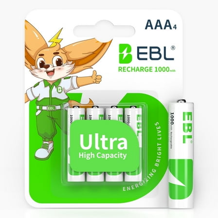EBL AAA Rechargeable Batteries (4 Counts) 1000mAh Pre-Charged Triple A NiMH Battery with Retail Package