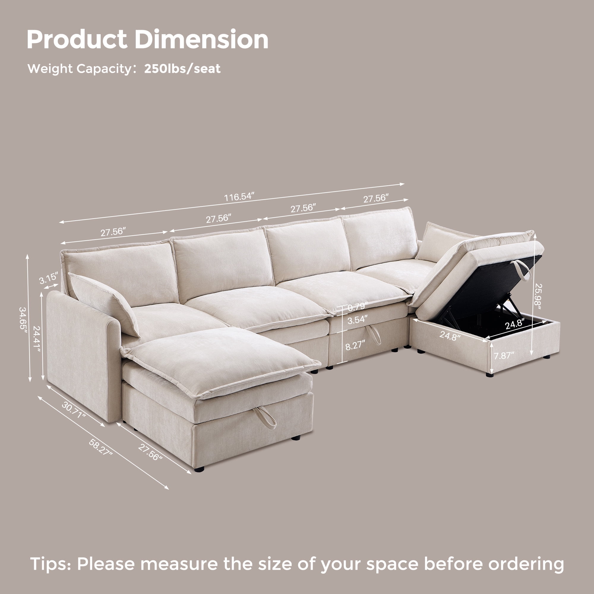 wow97e Modern Sectional Couch Set for Living Room, U-Shaped Cloud Sofa Couch with Large Storage, Chenille Fabric, 4 Seat Couch with 2 Movable Ottomans