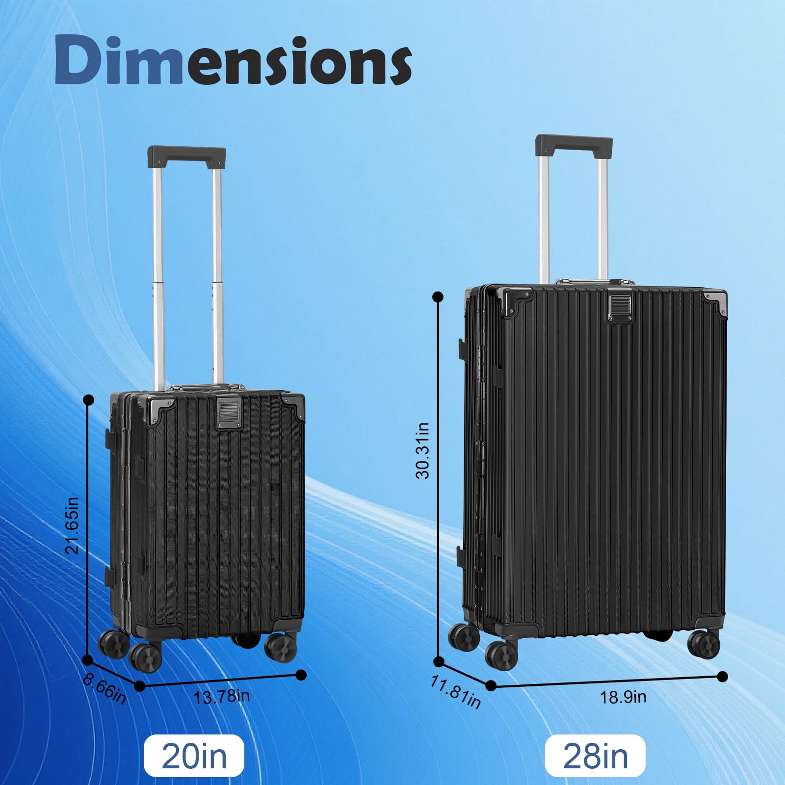 2-Piece Hardshell Luggage Set, 20& 28" Aluminum Frame Hardshell Spinner Luggage, Airline Approved Carry-On Luggage, TSA Lock, 360° Quiet Wheels, Large Suitcase for Travel