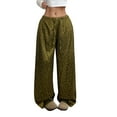 thumbnail image 3 of Bibifish Womens Pants Olive Green Leopard Print Satin Fabric Drawstring Waist Wide-Leg Fit Casual Vacation Daily Errands Retro Style Trendy Pants, 3 of 9