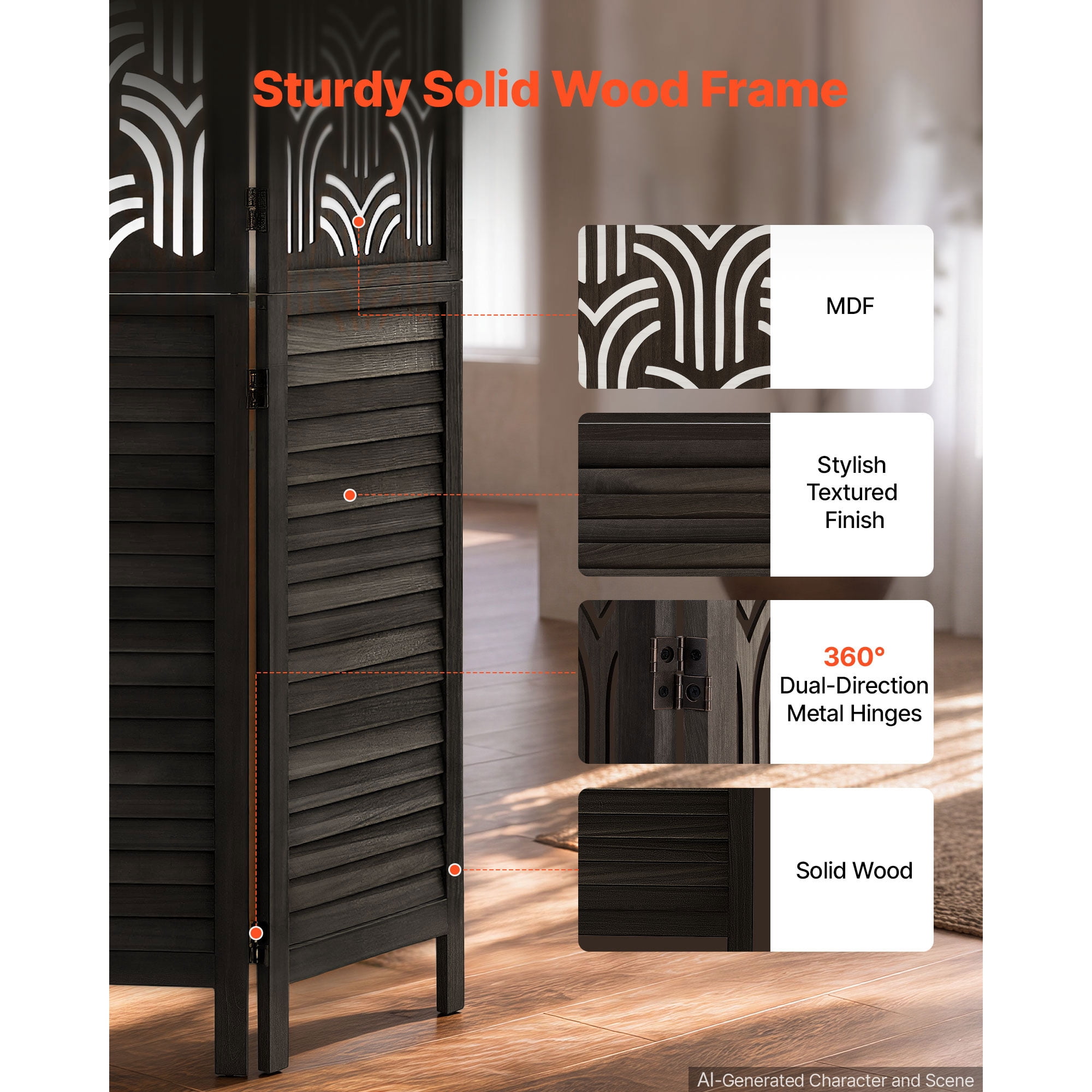 KFFKFF 6-Panel Wooden Room Divider, 67-Inch Folding Privacy Screen for Home Decoration and Space Separation, Durable Frame, Two-Way Hinges, Easy Setup, Louvered Partition with Included Hardware
