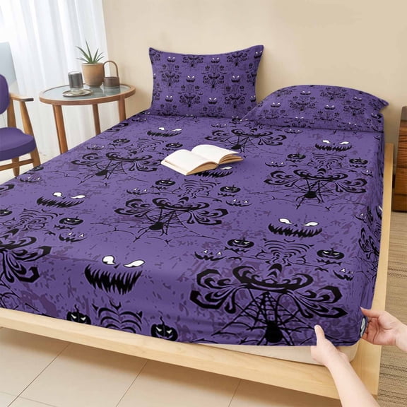 Full Size Fitted Sheet Set - Halloween 3 Piece Bedding Sets 16" Deep Pocket Fitted Sheet with 2 Pillowcases, Purple Black Haunted Ghost Fall Autumn Brushed Microfiber Hotel Luxury Bed Sheets