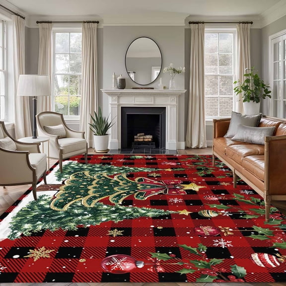 Large Area Rugs for Living Room Bedroom, Christmas Tree 8'x10' Rug Washable Carpet Runner Indoor Outdoor, Winter Xmas Ball Snowy Red Black Plaid Non Slip Floor Mats Rug for Kitchen, Patio