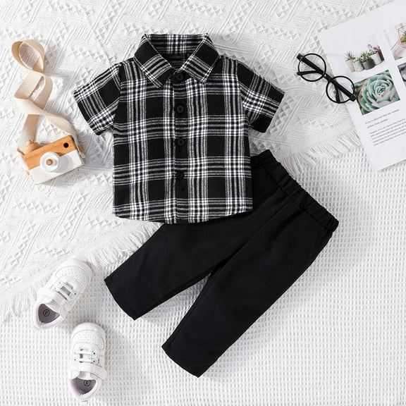 WERYOUNG Child Boys Baby Spring And Summer Striped Plaid Short Sleeved Stand Up Collar Tops Casual Pants Set, 6-9 Months