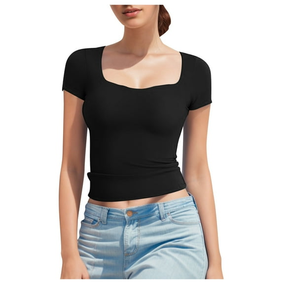 Women's Square Neck Double-Layer Tank Tops Basic Tight T Shirts