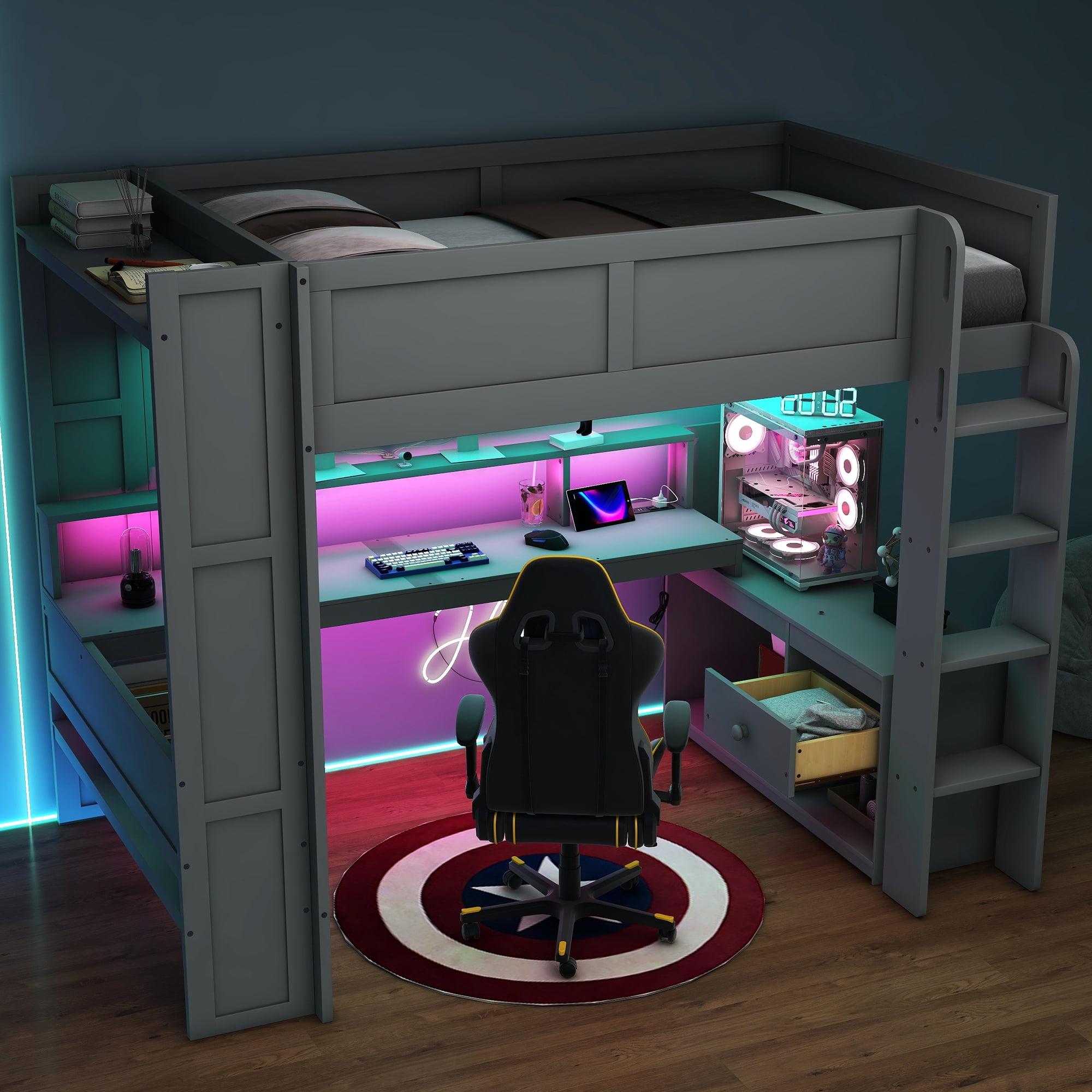 Euroco Wood Twin Size Loft Bed Frame, Gaming Bed with Desk and Shelves, USB Charging Station and LED Light for Kids Teens, Dark Gray
