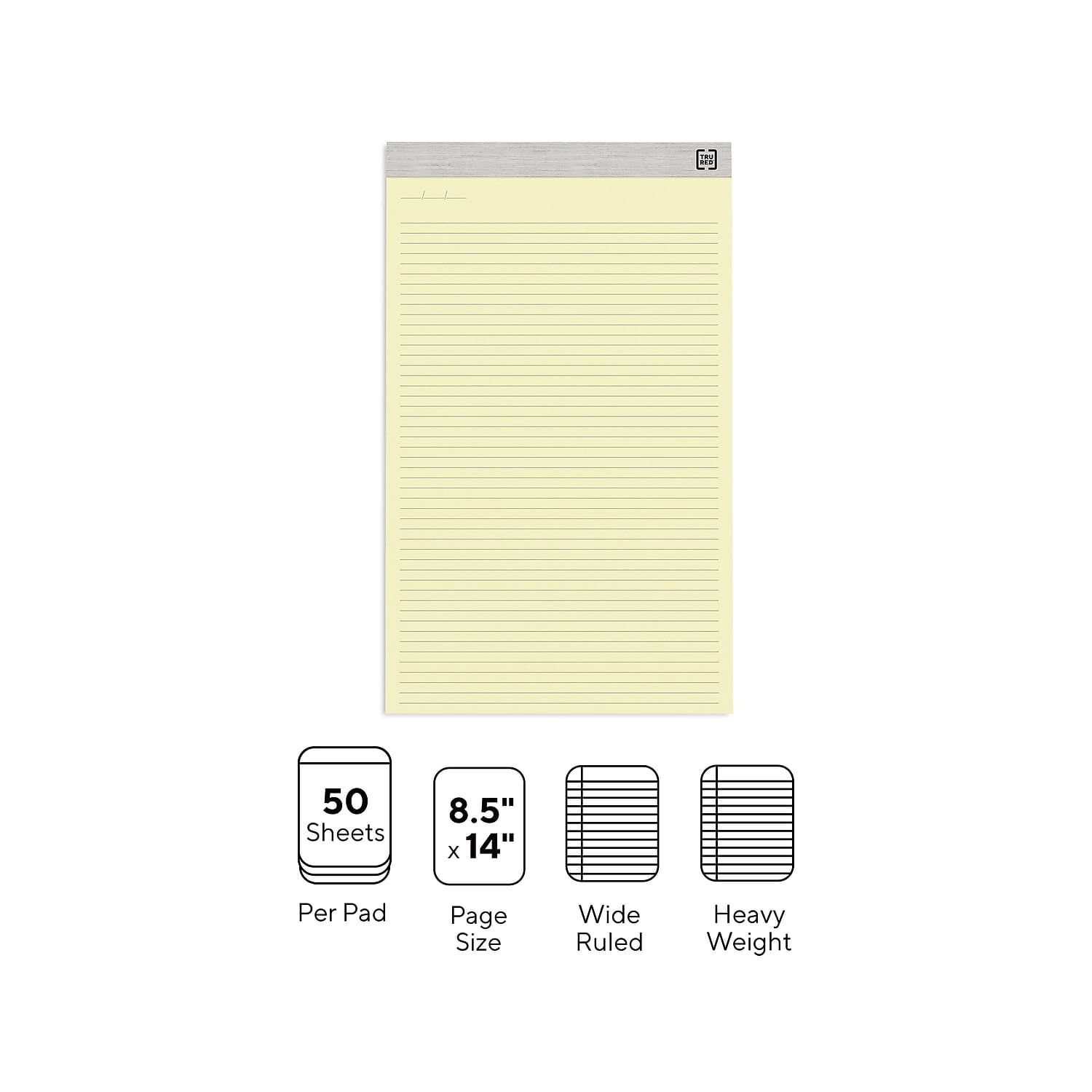Staples TRU RED Notepads 8.5" x 14" Wide Ruled Canary 50 Sheets/Pad 24/Carton TR59930/TR573VS