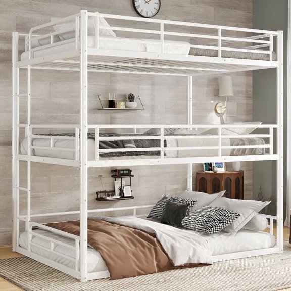 Full over Full over Full Metal Triple Bunk Bed with Safety Guardrails, Heavy-duty Frame and Noise-reduced Design, White