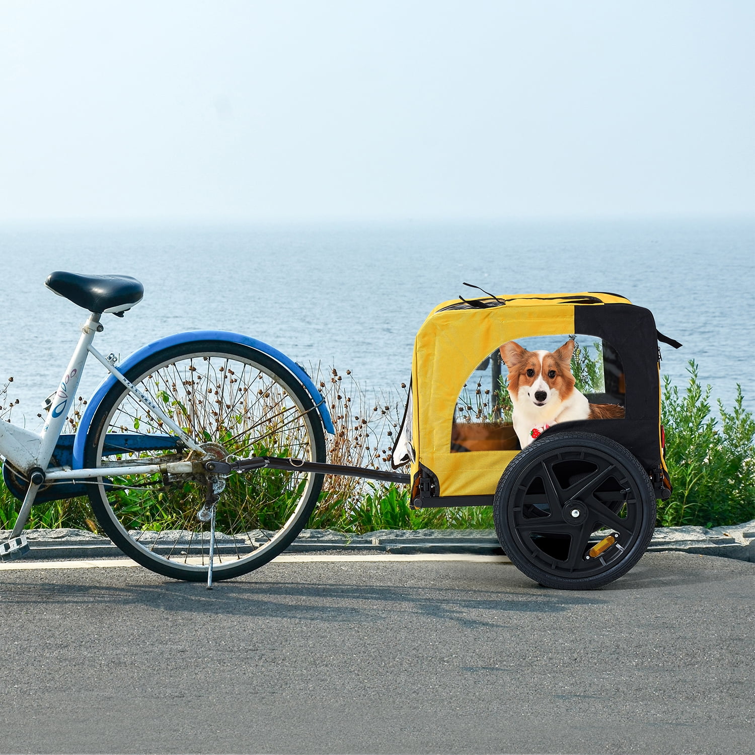 Pefilos 16" Dog Bike Trailer, Pet Stroller Bicycle Carrier w/Hitch, Suspension, Visibility Flag, Air Wheel Pet Bike Trailer for Dogs 66lb Weight Capacity, Yellow Pefilos 16" Dog Bike Trailer, Pet Stroller Bicycle Carrier w/Hitch, Suspension, Visibility Flag, Air Wheel Pet Bike Trailer for Dogs 66lb Weight Capacity, Yellow