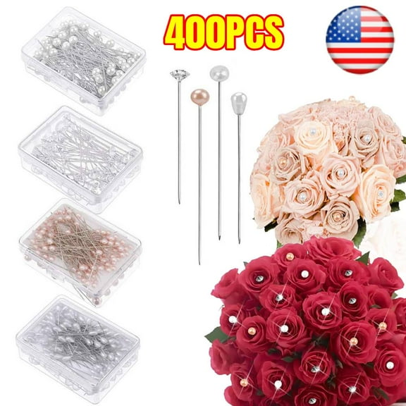 400 Pcs Bouquet Pins Flower Pin, 4 Styles Boutonniere Pins Pearl Crystal Head Corsage Pin for Dressmaking Jewelry Flower Decoration