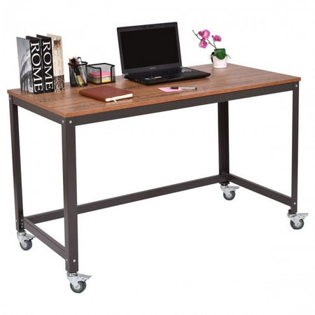 47.5" Rolling Computer Desk Metal Frame PC Laptop Table Wood Top Study Workstation Coffee