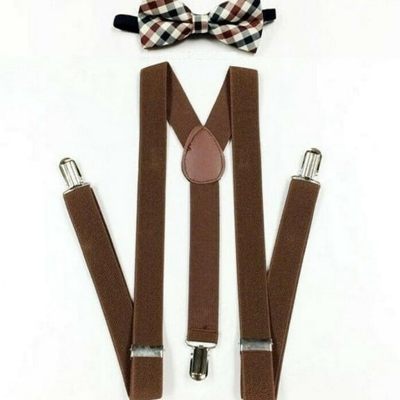 Brown Suspenders and Plaid Bowtie Set Mens Barnyard Wedding Matching Set - New with box/tags