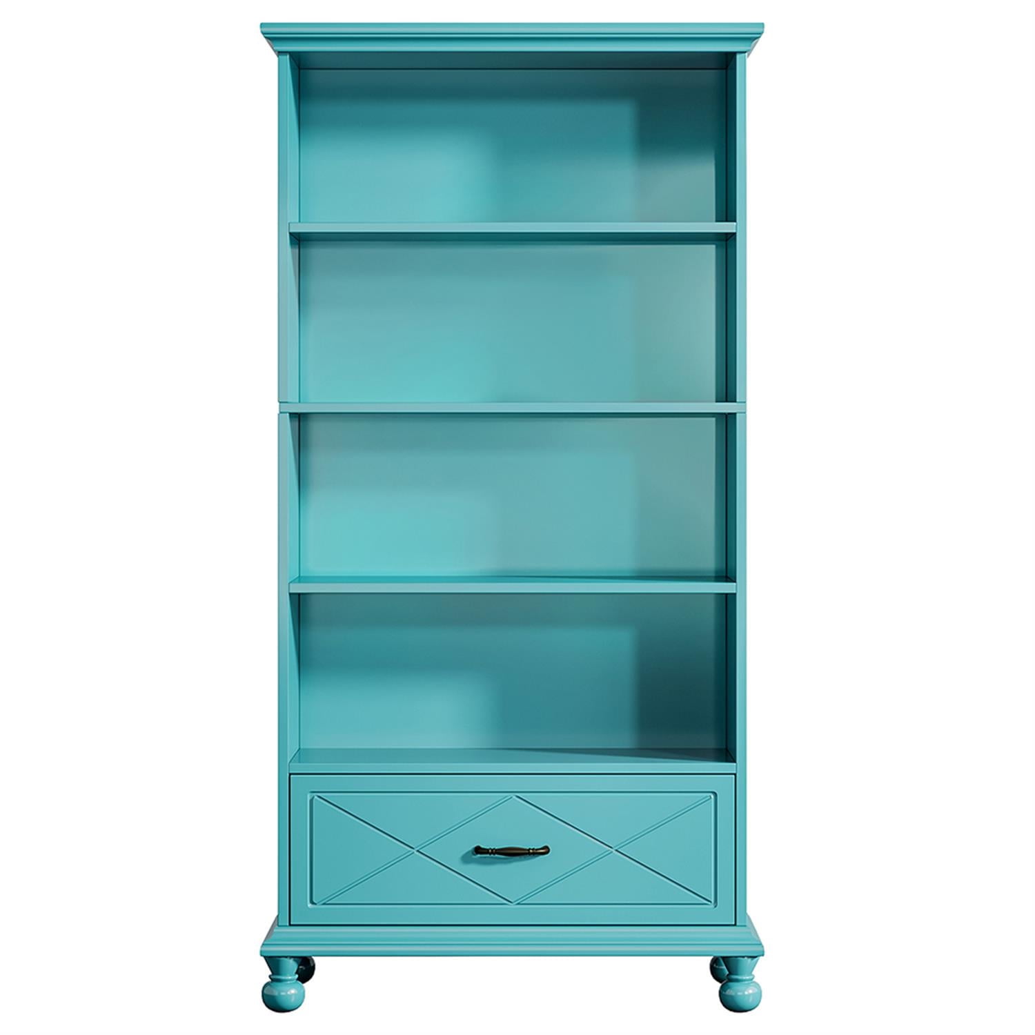 Demi Bonn 6-Shelf Bookcase with Drawer, 71" Bookshelf with Solid Wood Legs for Bedroom, Living Room, Ocean Blue