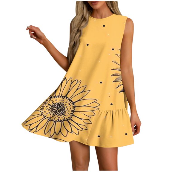 Womens Summer Dress with Pockets Floral Print Sleeveless Loose Crew Neck Tank Short Dress Pleated Swing Sundress (XL, Yellow)