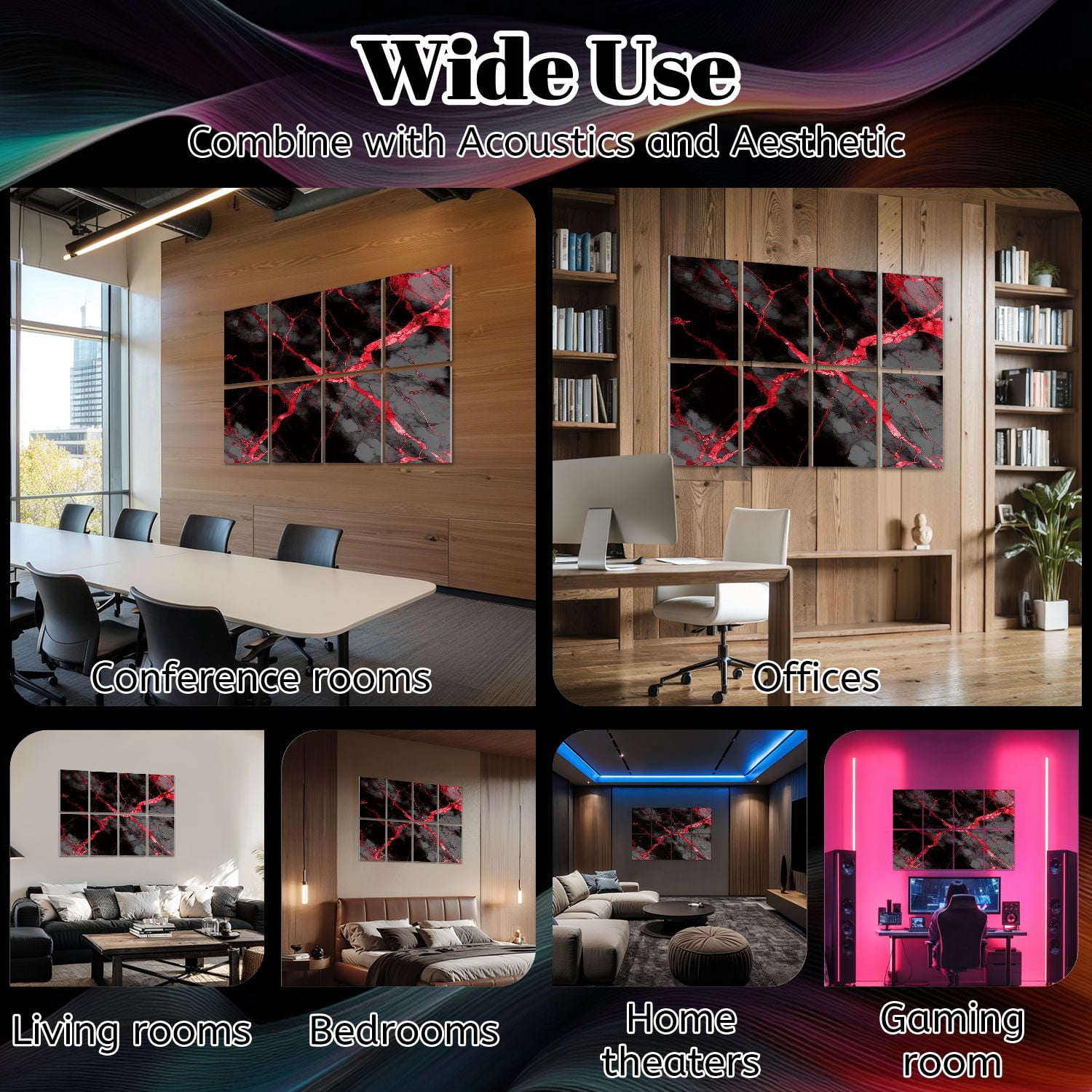 Modern Marble 8 Pack Art Acoustic Panels Sound Absorbing Red black marble Decorative Soundproof Wall Panels Self Adhesive for Nursery Game Room Bedroom 48"x32"