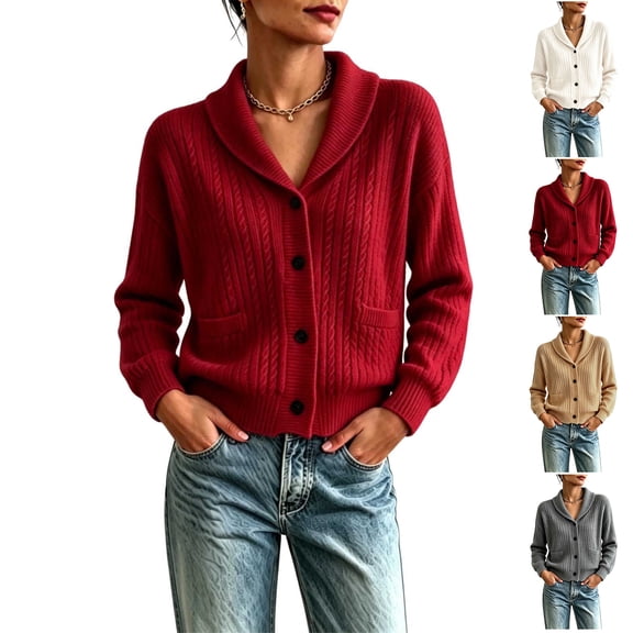 TGSLY Cable Knit Cardigan for Women Soft Casual Shawl Collar Button Down Long Sleeve Sweater Relaxed Dressy Solid Color Cropped Tops XXXL