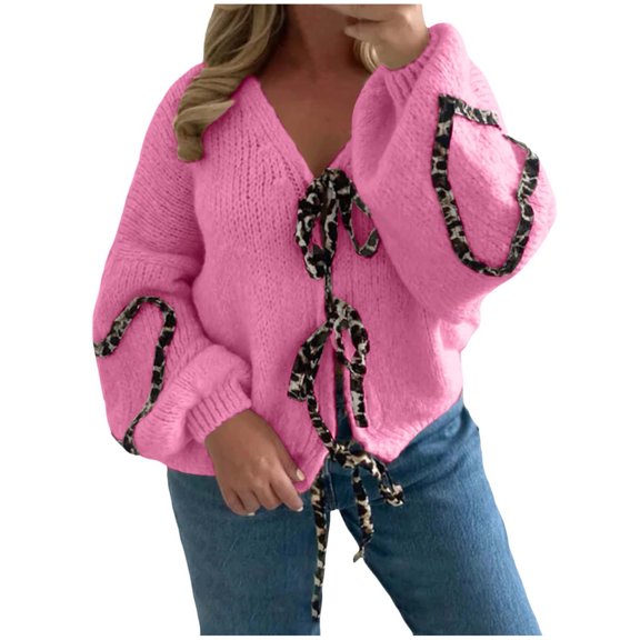 Women Tie Bow Cardigan Sweater Knit Puff Sleeve Fashion Autumn And Winter Coat