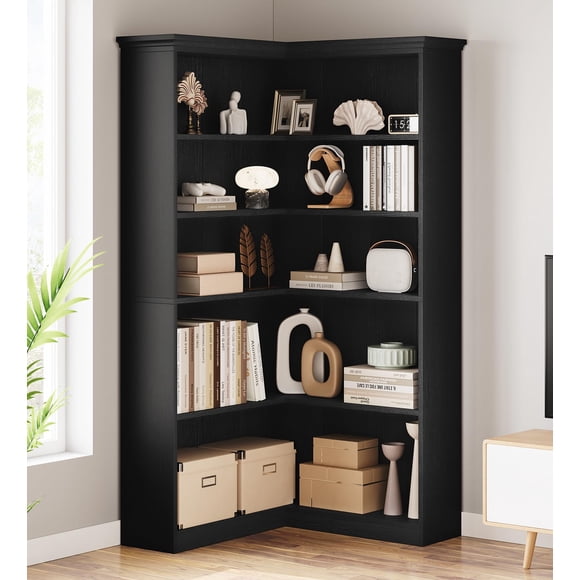 TROPOW Corner Bookshelf 72.8in Farmhouse Bookcase Large Bookshelves Wood Bookcase Tall 5 Tier Corner Shelf L Shaped Bookshelf Storage Display Rack Living Room Bedroom (Black, Full Panel)