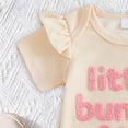 thumbnail image 4 of Ymyiu Newborn Summer Going Home Outfit Baby Girl Summer Set Letter Print Short Sleeve Romper with Pattern Ruffled Shorts and Headband 3 6 Months (Beige,3-6 Months), 4 of 5
