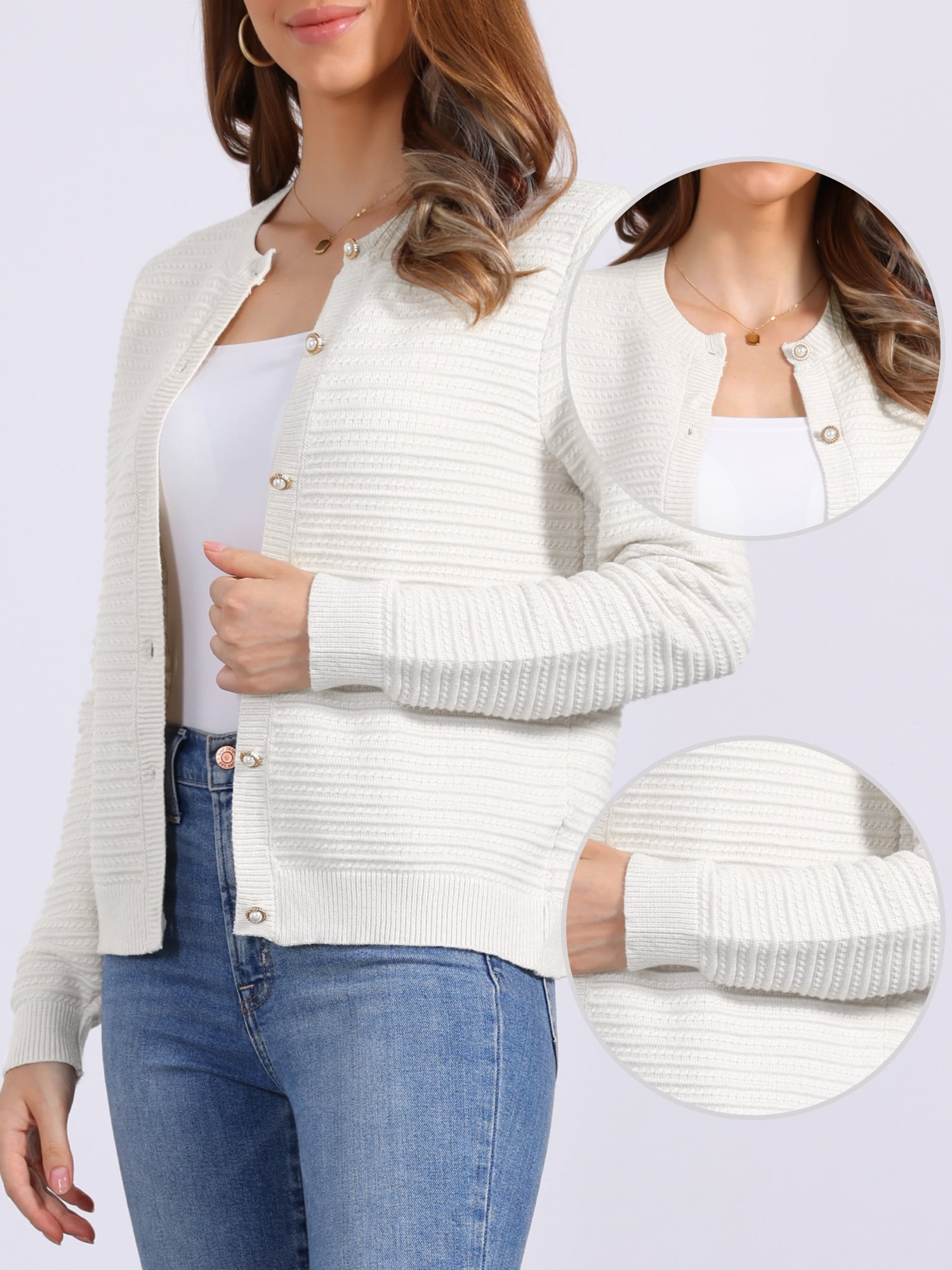 DARING DIVA Women's Crew Neck Long Sleeve Open Front Button Down Cardigan XL Apricot