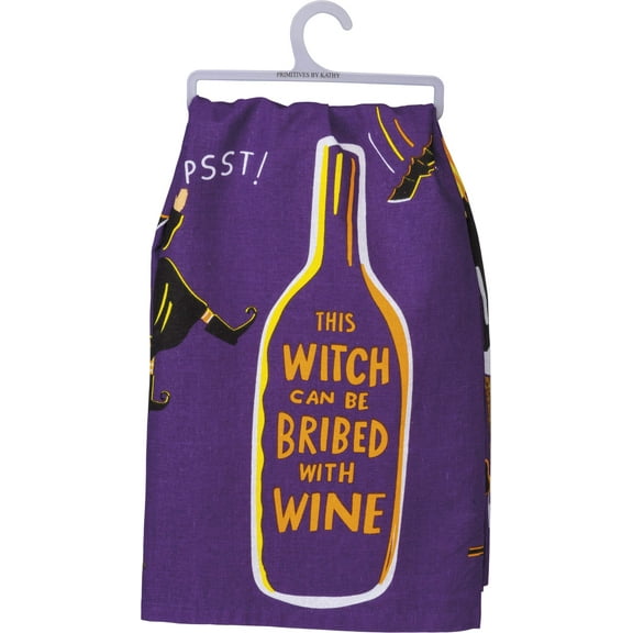 Primitives by Kathy LOL Made You Smile Halloween Dish Towel, 28 x 28-Inch, This Witch Can Be Bribed with Wine