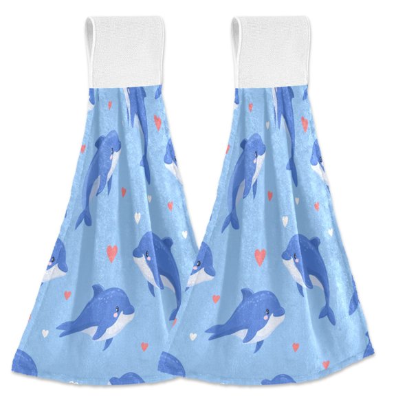 Valentine Dolphins Hearts Cartoon Hanging Towels with Loop Hand Towels Nylon Fastener Tape Design Dish Cloths 2 Pcs
