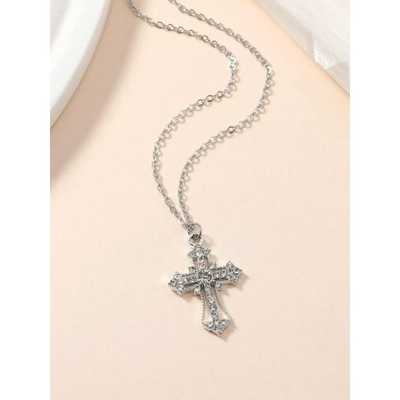 QQTDFG 1pc Creative Design Hollow Out Cross Pendant Necklace Studded With Rhinestones-default