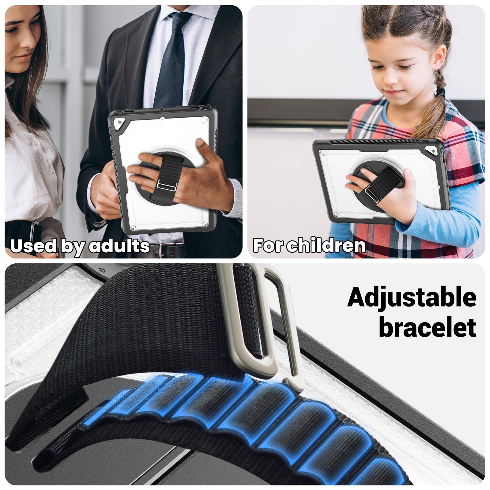 ELEHOLD Case for Apple iPad 10.2 2021/2020/2019 Pro 10.5'2017)(Air 3 10.5 (2019),Soft TPU Rugged Durable Case with 360° Rotating Hand Strap & Foldable Hidden Stand & Pencil Holder,Clear
