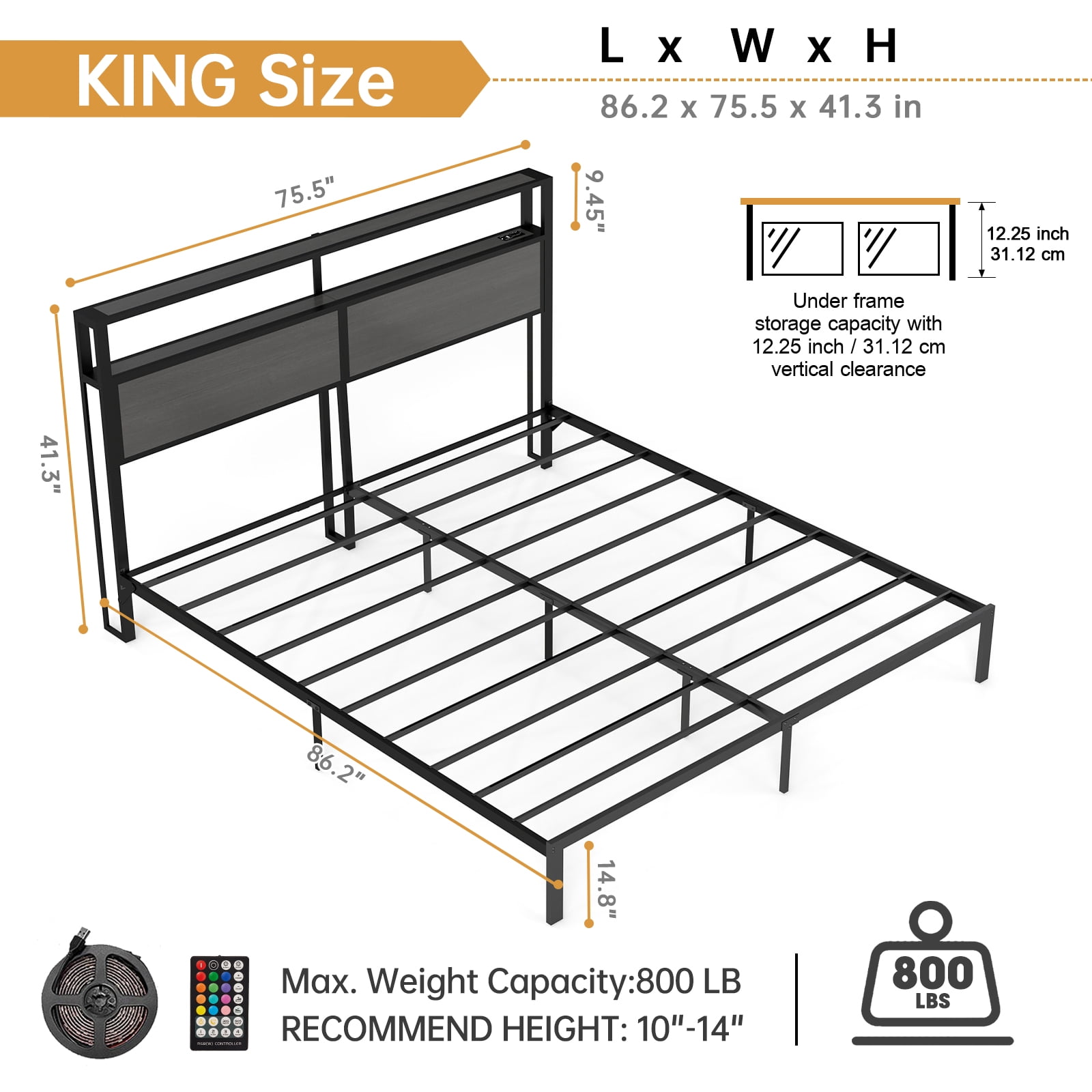 Leumius King Size Bed Frame with Headboard, Platform Bed with RGB LED Light & Charging Station & Under Bed Storage Space, Easy Assembly,Dark Gray