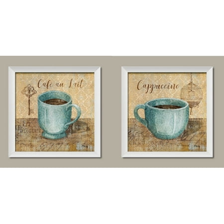 Por Clic Coffee Key And Bird Cage Cafe Au Lait Cuccino Por Clic Coffee Key And Bird Cage Cafe Au Lait Cuccino Kitchen Decor Two 12x12in White Framed Prints