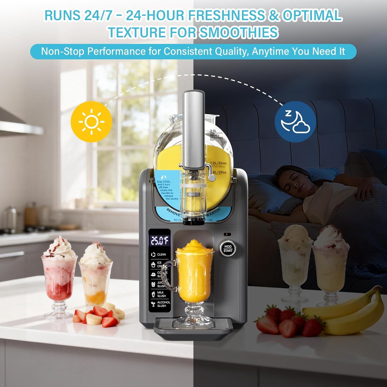 Smoothie Maker - Large capacity ice cream maker, no ice required, self-cleaning, 5 preset modes, suitable for home, bar, restaurant (grey)