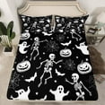thumbnail image 2 of Feelyou Skeleton Skull Queen Sheet Sets, Spooky Pumpkin Ghost Flat Sheet, Gothic Halloween Theme Queen Fitted Sheet, Lightweight Room Decor,4 Pieces, 2 of 7