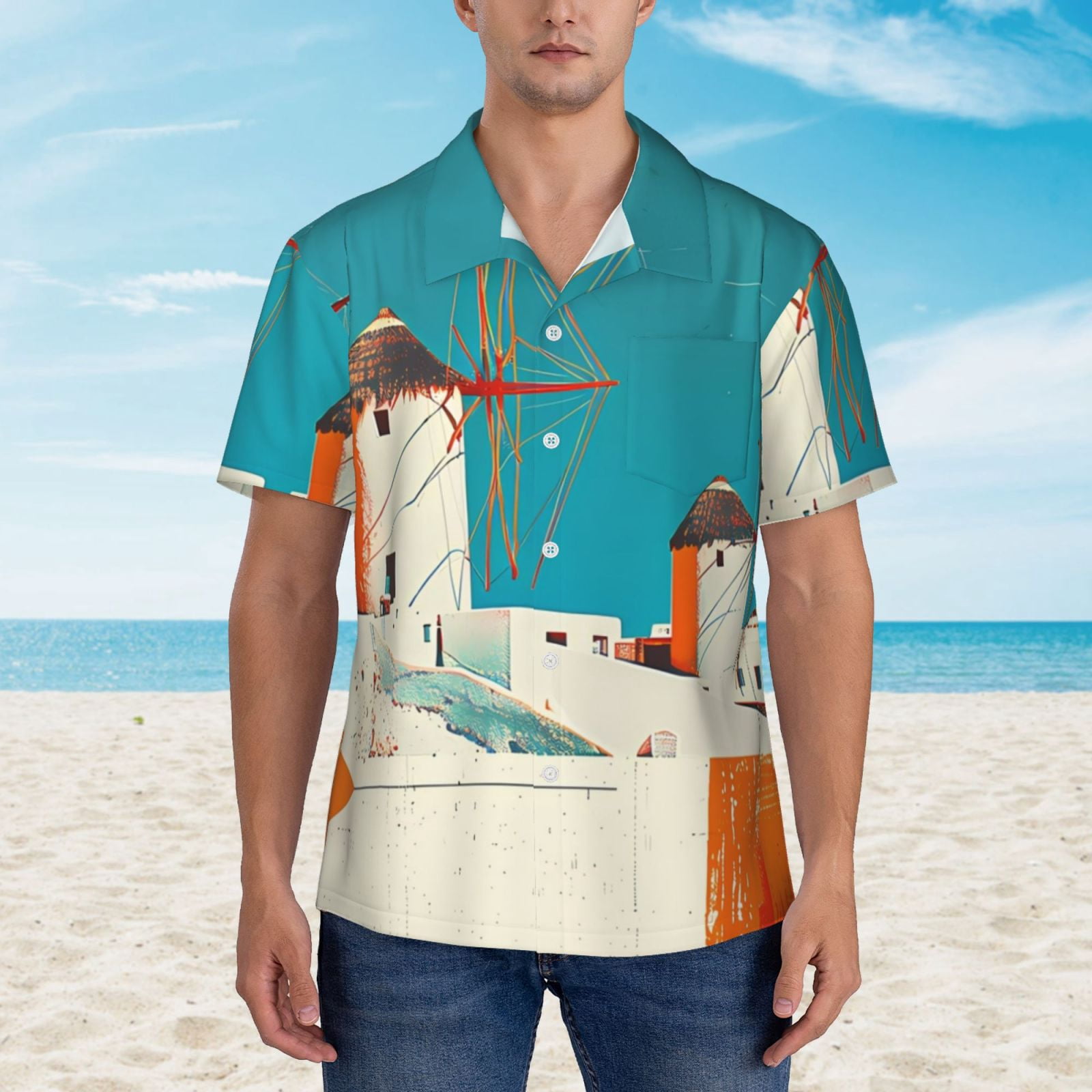 Logiee Colorful Greek Windmills Print Mens Hawaiian Shirts,Loose-Fit Short Sleeve Button Down Tropical Aloha Beach Shirt,Summer Vacation Wedding Tops,X-Large
