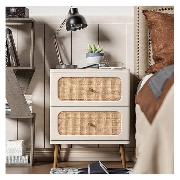 Wicker Rattan Nightstand, 2-Drawer End Table Cream White Finish Side Table for Small Spaces, Modern Farmhouse Wooden Bedside Table, Boho -Century Coastal Storage Cabinet