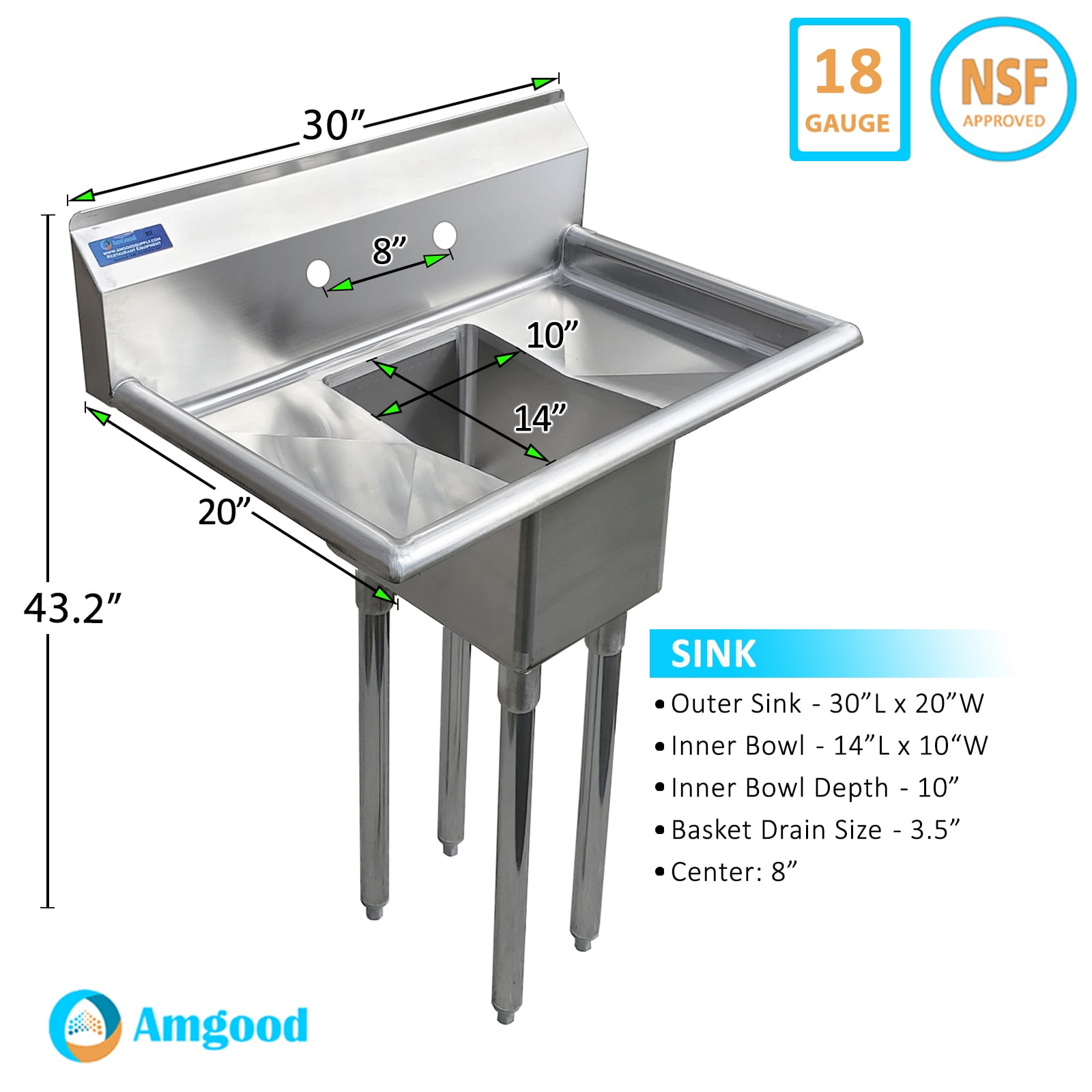 10″ x 14″ x 10″ with 10″ Left and Right Drainboards One Compartment Stainless Steel Commercial Kitchen Prep & Utility Sink | NSF