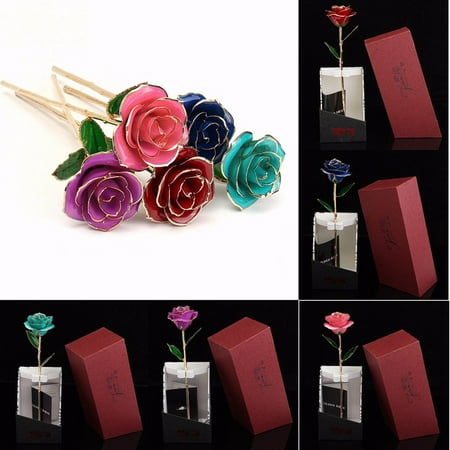 Blue Glass Flower Glass Rose Flower, 24K Gold Plated Long Stem Artificial Rose Flower Anniversary Birthday Valentines Gift for Her ()