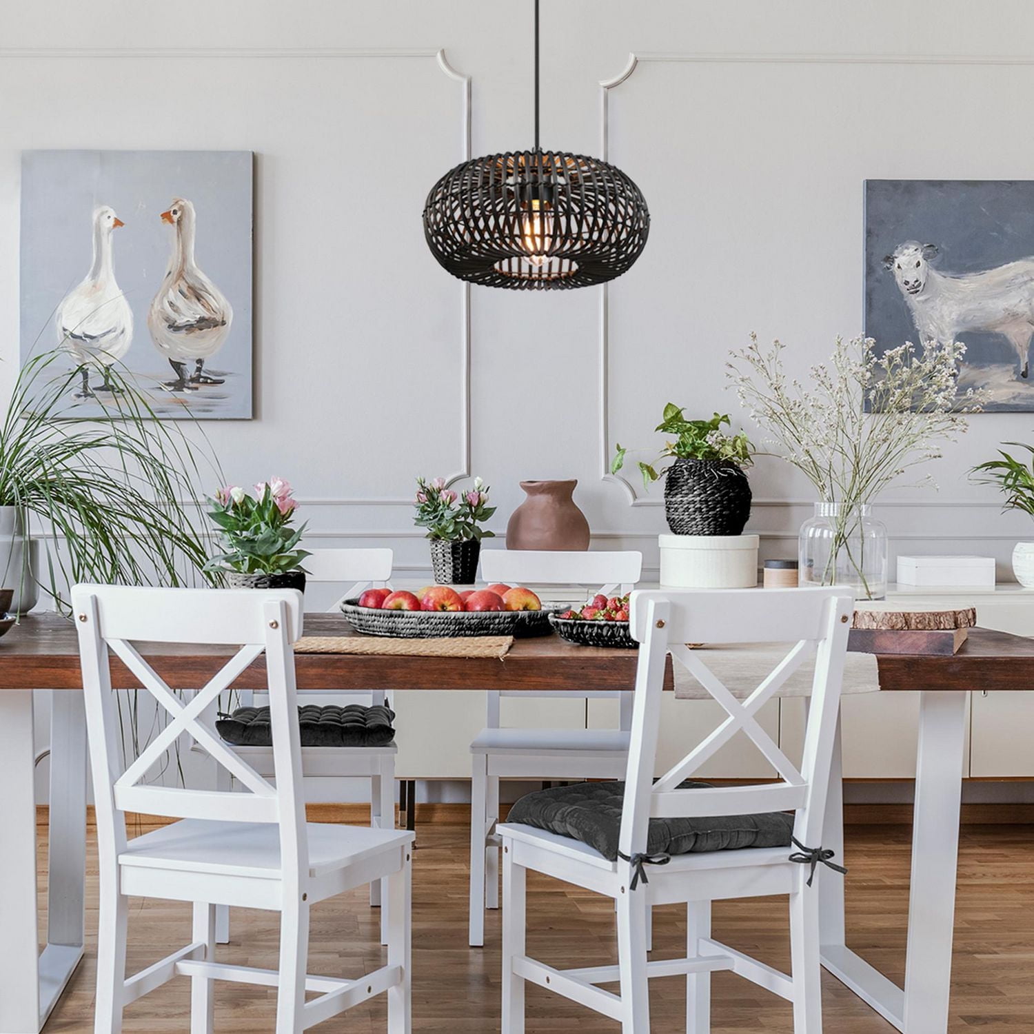 Maren 1-Light Pendant Lighting, Matte Black, Rattan Shade