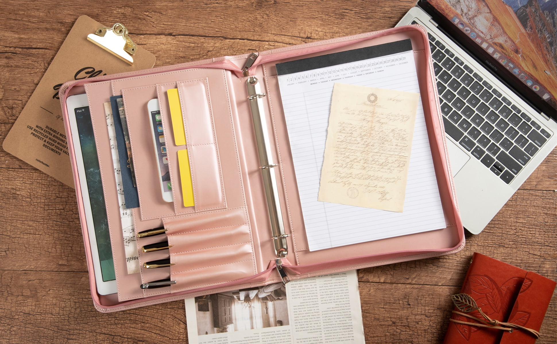 LeatherBelief Portfolio 3 Rings Binder,Zipper PU Leather Padfolio, Business Organizers with A4 Legal Pads, Gift for Him Pink