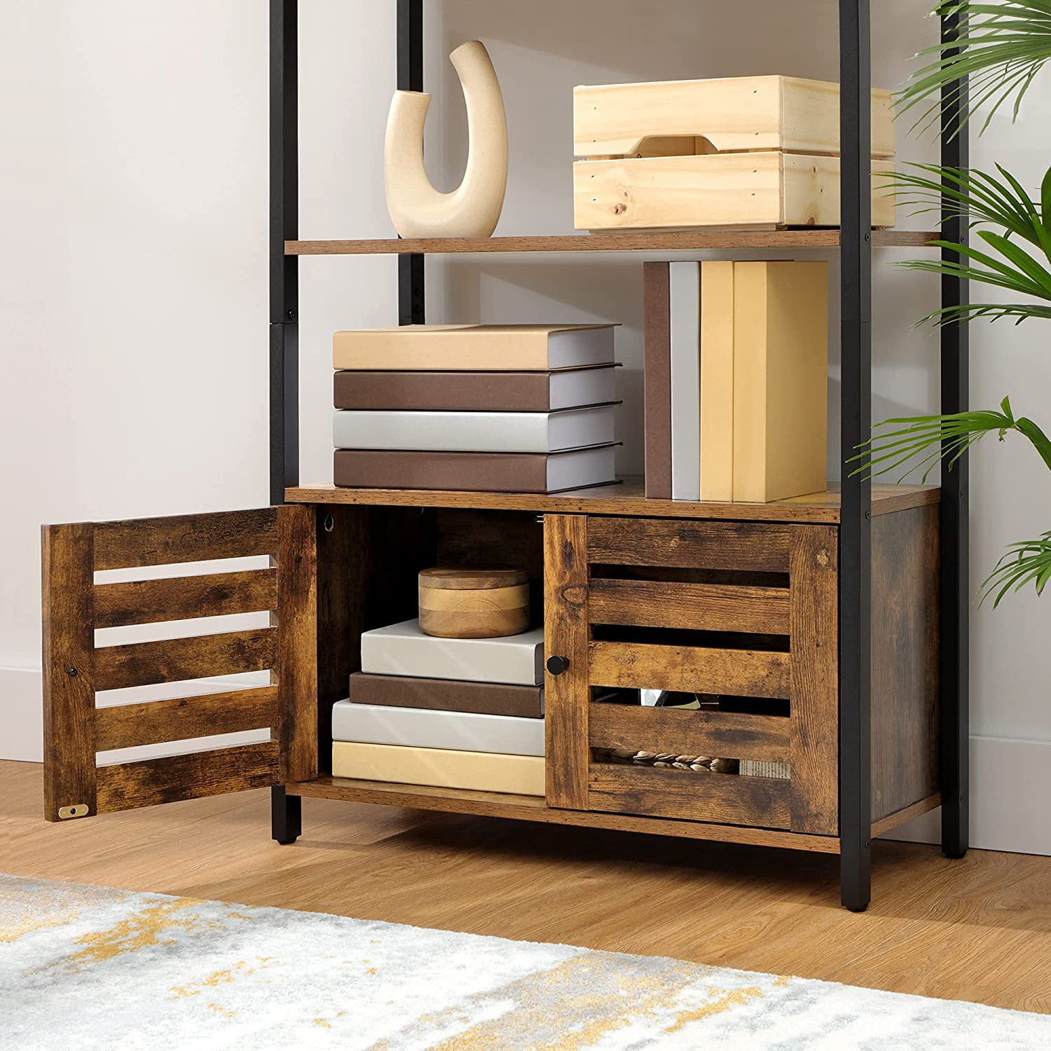 Private Jungle Bookshelf, Storage Cabinet with 3 Shelves and 2 Doors, Industrial Bookcase Rustic Brown Private Jungle Bookshelf, Storage Cabinet with 3 Shelves and 2 Doors, Industrial Bookcase Rustic Brown