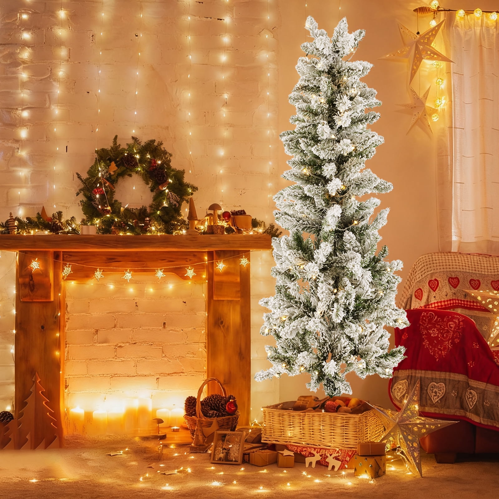 CONCETTA 7.5ft Snow Flocked Pencil Christmas Tree, Prelighted Artificial Christmas Trees with 350 Incandescent Lights, 860 Branch Tips & Foldable Base for Home, Office, Party