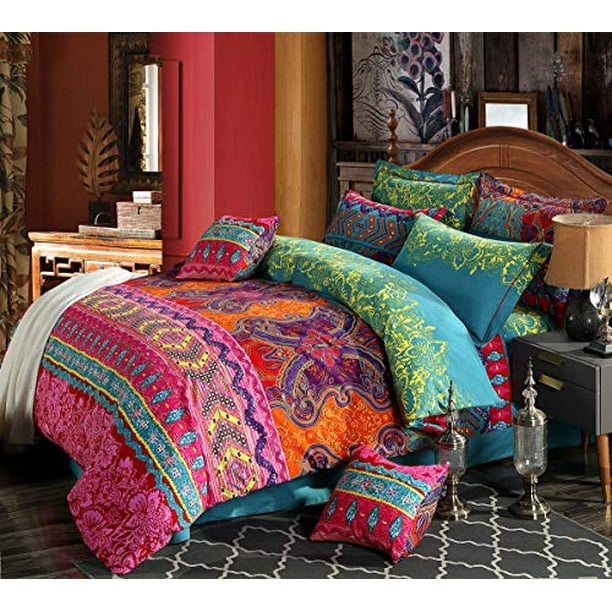 Hnnsi 4 Pieces Bohemia Ethnic Bedding Sets King Size Brushed Cotton Boho Duvet Cover Super Comfy Comforter No Fitted Sheet Set Com Pieces Bohemia Ethnic Bedding Sets King, California King Boho Bedding