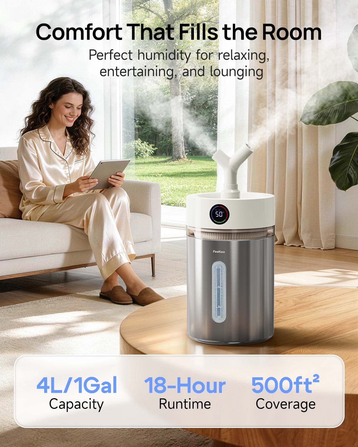 Stainless Steel Humidifier for Room, 4L/1Gal Cool Mist Humidifiers for Bedroom, Dishwasher Safe Humidifier Large Room with Diffuser, Humidifiers for Baby Nursery Living Room Office Plant