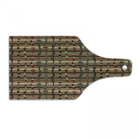 Tribal Cutting Board, Wildlife Prehistoric Funky Snakes Traditional Oriental Arrangement, Decorative Tempered Glass Cutting and Serving Board, Wine Bottle Shape, Multicolor, by Ambesonne