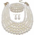 thumbnail image 1 of Large Pearl Necklace for Women Five Multi Strand Pearl Necklace Bracelet Earrings set Big Pearl Bib Necklace 1920s Costume Jewelry Set, 1 of 4