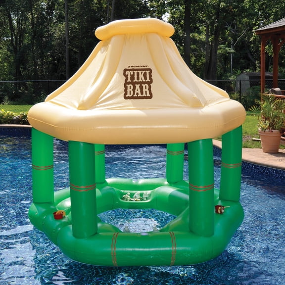 Swim Central 7.5' Cream and Green Tropical Inflatable Swimming Pool Floating Tiki Bar