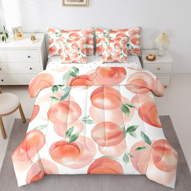 YST Peach 7Pcs Comforter Set Bed in a Bag, Cartoon Peach Fruits, Queen (7 Count)