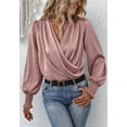 thumbnail image 4 of Shirred Cuff Long Sleeve Surplice Neck Faux Wrap Blouse for Women Pink Small, 4 of 5